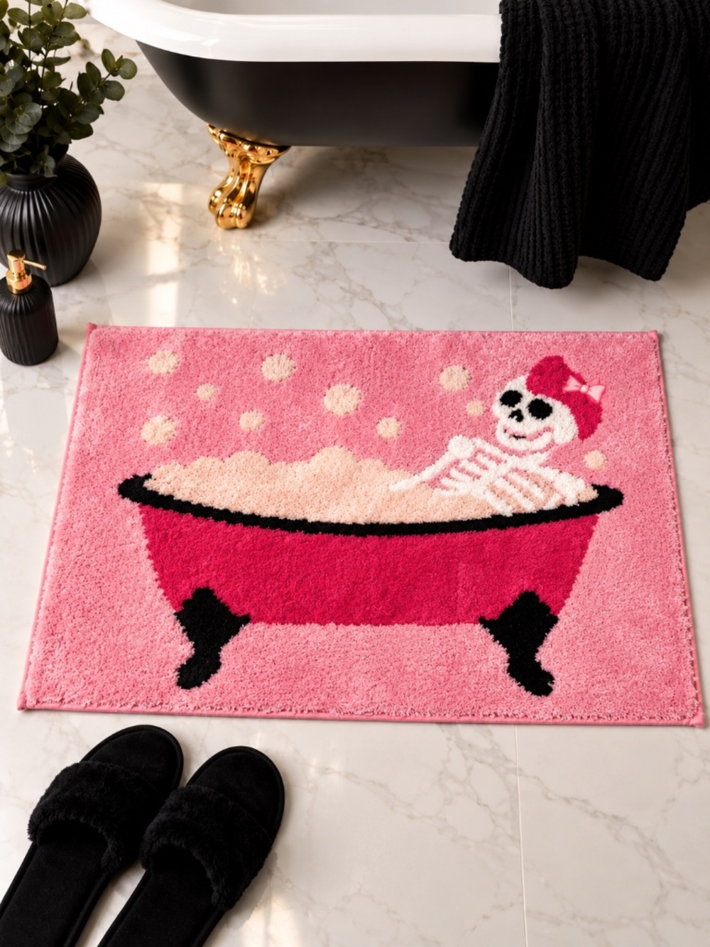 NWT Betsey Johnson Pink Skeleton Bubble Bath Rug 20x30 Gothic Halloween